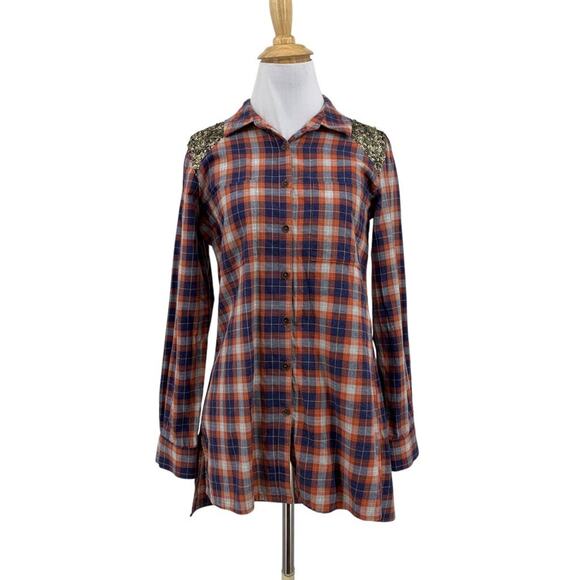 Orvis Shirt Womens XS Extra Small Plaid Cotton Sequins Shoulder Split Hem Shirt - Picture 1 of 11